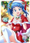  1girl blue_eyes blue_hair box breasts capelet christmas cleavage dated dress fur-trimmed_capelet fur-trimmed_dress fur-trimmed_gloves fur_trim gift gift_box gloves gradient_background hanzou hat highres hirogaru_sky!_precure holding holding_box holding_gift holding_sack holly looking_at_viewer open_mouth precure red_dress red_gloves red_headwear sack santa_costume santa_hat side_ponytail smile solo sora_harewataru thighhighs twitter_username white_thighhighs 