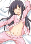  :d alternate_costume asashio_(kantai_collection) bed black_hair blush bow bow_panties breasts buttons closed_eyes drooling eyebrows eyebrows_visible_through_hair kantai_collection long_hair long_sleeves lying navel on_back open_clothes open_mouth pajamas panties pants paw_print pillow pink_pajamas print_pajamas saliva sleeping small_breasts smile solo spread_legs tamayan underwear white_panties 