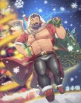  1boy absurdres bara beard christmas christmas_tree facial_hair full_beard full_body gift_bag hat highres huge_pectorals large_pectorals latex_pants leng_xiaoyu long_beard looking_at_viewer male_focus mature_male muscular muscular_male mustache_stubble navel navel_hair nipples original pectorals red_headwear running santa_costume santa_hat shiny_clothes short_hair snowing solo thick_beard thick_chest_hair thick_eyebrows thighs 