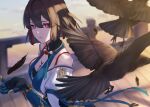  1girl bird black_hair blue_hair blurry blurry_background breasts cleavage closed_mouth colored_inner_hair crow falling_feathers highres honkai:_star_rail honkai_(series) medium_breasts medium_hair michiko_(ui29) multicolored_hair open_hand red_eyes red_hair solo xueyi_(honkai:_star_rail) 