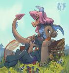 2023 2_horns anthro arthropod blush changeling cloud dragon duo equid equine female flower friendship_is_magic gesture grass hair hasbro hi_res horn horse ladydino looking_at_another lying mammal mina_(mlp) my_little_pony outside pharynx_(mlp) pink_hair plant pony signature sitting sky suggestive suggestive_gesture tail teasing