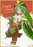  2girls ahoge blonde_hair cake chibi christmas_tree_costume closed_eyes dragon_tail fangs fate/grand_order fate_(series) feeding food fork green_hair hat highres hood locusta_(fate) merry_christmas multiple_girls nero_claudius_(fate) pointy_ears purple_eyes purple_nails queen_draco_(fate) santa_hat sharp_teeth sitting sitting_on_lap sitting_on_person smile tail tail_wagging teeth wada_arco 