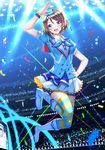  aozora_jumping_heart arm_up audience blue_eyes blush boots bow breasts brown_hair confetti earrings hair_bow hand_on_hip highres jewelry jumping looking_at_viewer love_live! love_live!_sunshine!! medium_breasts open_mouth salute short_hair skirt smile solo stage striped striped_legwear swordsouls watanabe_you 