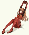  1girl arano_nknk blue_eyes bodysuit breasts brown_hair cleavage commentary_request highres interface_headset long_hair neon_genesis_evangelion one_eye_closed plugsuit red_bodysuit souryuu_asuka_langley two_side_up 