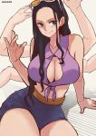  1girl aosora2823 artist_name black_hair blue_eyes blue_shorts breasts center_opening cleavage closed_mouth extra_arms eyewear_on_head highres large_breasts long_hair nico_robin one_piece orange-tinted_eyewear shirt short_shorts shorts smile solo sunglasses tied_shirt tinted_eyewear 