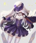  1girl black_gloves breasts dress eye_mask fate/grand_order fate_(series) flower frilled_dress frills gloves grey_hair highres looking_at_viewer m0_chi melusine_(fate) melusine_(second_ascension)_(fate) purple_dress smile solo thighhighs white_flower white_thighhighs 