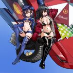  2girls :p azur_lane baltimore_(azur_lane) baltimore_(finish_line_flagbearer)_(azur_lane) bikini bird black_bikini black_choker black_hair black_thighhighs blue_headwear blue_thighhighs braid breasts brown_hair chick choker copyright_name hair_between_eyes hand_on_own_hip hat highres jacket knee_up kuroinu9 large_breasts logo long_hair long_sleeves looking_at_viewer manjuu_(azur_lane) multiple_girls navel parted_lips peaked_cap race_queen red_eyes red_jacket short_hair smile stomach swimsuit taihou_(azur_lane) taihou_(enraptured_companion)_(azur_lane) thighhighs tire tongue tongue_out yellow_eyes 