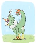 absurd_res ambiguous_gender animal_genitalia avian bandai_namco beak biped bodily_fluids bone_mask claws cloaca cloaca_juice digimon digimon_(species) feathers feet feral genital_fluids genitals green_body green_feathers hi_res horn looking_at_viewer mask neck_tuft open_beak open_mouth p.v.su presenting presenting_cloaca purple_eyes raised_tail red_claws red_horn solo spiked_tail spikes spikes_(anatomy) tail talons toes tuft unknown_species wings