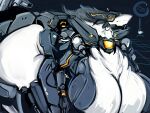 anthro big_breasts big_butt breasts butt cybernetic_arm cybernetic_limb cybernetics cyborg digital_media_(artwork) dirtyscoundrel female fur gear_(dirtyscoundrel) hi_res huge_breasts hyper hyper_breasts lights machine sergal signature simple_background solo tail thick_thighs visor white_body white_fur