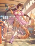 anthro biped braided_hair breasts brown_hair chair clothed clothing collaboration deymos domestic_cat eyebrows felid feline felis female food furniture group hair iskra long_hair male mammal panties pink_clothing roller_skates smile table tail underwear waffle waiter