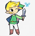 blonde_hair boots clothing denaseey duo elf fairy footwear hair holding_object holding_sword holding_weapon humanoid humanoid_pointy_ears hylian light_body light_skin male melee_weapon nintendo not_furry one_eye_closed simple_background smile sword the_legend_of_zelda toon_link weapon wind_waker wings wink