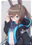  1girl adjusting_eyewear amiya_(arknights) animal_ears arknights ascot bespectacled black_jacket blue_ascot blue_eyes brown_hair glasses grey_background hair_ornament hand_on_eyewear hand_up highres hood hood_down hooded_jacket jacket jewelry kabochamaronpie long_sleeves looking_at_viewer multiple_rings neck_ring open_clothes open_jacket ponytail rabbit_ears rabbit_girl ring round_eyewear shirt sidelocks simple_background solo upper_body white_shirt 