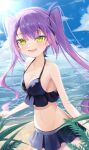  1girl absurdres armpits bare_arms bikini black_bikini black_bikini_bottom blush breasts cleavage collarbone ear_piercing frilled_bikini frills highres hololive long_hair looking_at_viewer mia_(mk2022) navel ocean open_mouth piercing purple_hair sand smile solo swimsuit tokoyami_towa twintails virtual_youtuber yellow_eyes 