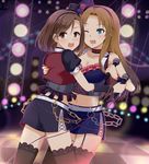  aqua_eyes blurry breasts brown_eyes brown_hair checkered checkered_floor cleavage depth_of_field garter_straps hat idolmaster idolmaster_cinderella_girls long_hair matsumoto_sarina medium_breasts microphone mini_hat mini_top_hat mizuki_seira multiple_girls one_eye_closed open_mouth sazaki_hiyoru short_hair smile thighhighs top_hat 