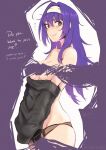  1girl ahoge black_sweater breasts commentary cowboy_shot fire_emblem fire_emblem:_radiant_dawn hairband highres looking_at_viewer medium_breasts mia_(fire_emblem) panties purple_eyes purple_hair solo standing sweater symbol-only_commentary underwear vialnite white_hairband 