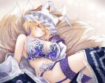  1girl animal_ears blonde_hair blue_bra blush bra breasts cleavage closed_mouth dress fox_ears fox_tail hat highres large_breasts looking_at_viewer mob_cap multiple_tails navel sarasadou_dan short_hair solo tail touhou underwear unworn_dress white_dress white_headwear yakumo_ran yellow_eyes 