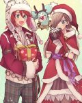  1boy 1girl aomattya blue_eyes blush blush_stickers box braid brown_hair capelet christmas christmas_present commentary_request cosplay creature dress fake_antlers fur-trimmed_capelet fur-trimmed_dress fur-trimmed_gloves fur-trimmed_headwear fur-trimmed_jacket fur_trim gift gift_box gloves green_eyes hair_behind_ear hair_between_eyes hair_over_one_eye hat highres holding holding_gift jacket long_hair luke_fon_fabre mieu_(tales) one_eye_covered open_mouth pom_pom_(clothes) red_capelet red_dress red_gloves red_hair red_headwear red_jacket red_nose ribbed_sweater rudolph_the_red_nosed_reindeer rudolph_the_red_nosed_reindeer_(cosplay) santa_dress santa_hat short_hair sweater tales_of_(series) tales_of_the_abyss tear_grants turtleneck turtleneck_sweater white_sweater 