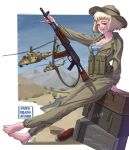  1girl absurdres afghanistan aircraft ak-74 aks-74 ammunition_pouch artist_name assault_rifle barefoot blonde_hair breasts brown_eyes bucket_hat camouflage collarbone commentary fatigues feet full_body green_jacket green_pants grin gun gun_sling hat helicopter highres holding holding_gun holding_weapon jacket kalashnikov_rifle load_bearing_equipment long_sleeves looking_at_viewer magazine_(weapon) mi-24 military military_uniform military_vehicle open_clothes open_jacket original outdoors pants pouch puto_trash rifle shirt shoes short_hair sitting sky smile solo soviet soviet_army striped striped_shirt teeth telnyashka toenails toes uniform unworn_shoes war_in_afghanistan weapon 