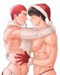  2boys ass bara black_hair blush couple detached_sleeves eye_contact gloves hat highres large_pectorals looking_at_another male_focus multiple_boys muscular muscular_male navel nipples om3632f pectorals red_gloves red_hair rukawa_kaede sakuragi_hanamichi santa_hat short_hair simple_background slam_dunk_(series) smile twitter_username white_background yaoi 