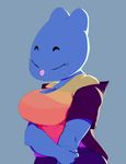 anthro big_breasts blue_fur breasts cartoon_network clothed clothing eyes_closed feline female fur holding_arm huge_breasts mammal mature_female mother musikalgenius nicole_watterson over_shirt parent shirt solo t-shirt the_amazing_world_of_gumball whiskers 