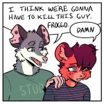 1:1 american_opossum anthro border clothed clothing comforting comic comic_panel duo english_text female freckles froggsalt fur grey_body grey_fur hand_on_shoulder hi_res humor i_think_we&#039;re_gonna_have_to_kill_this_guy male male/female mammal marsupial meme mephitid red_body red_fur sad shirt skunk sweater t-shirt text topwear white_border worried
