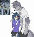 age_difference anthro blue_eyes blush bodily_fluids bottomwear canid canine canis clothed clothing collar duo female fully_clothed fur grey_body grey_fur hi_res looking_down male male/female mammal nervous open_clothing open_shirt open_topwear purple_clothing reference_image shirt simple_background size_difference skirt standing sweat tinygaypirate topwear white_background white_body white_fur wolf