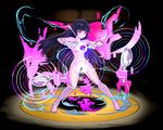  1girl alakazam bare_arms bare_legs barefoot black_background black_hair breasts circles concentric cosmo_(465lilia) cosmo_(pixiv12140406) gloves gym_leader large_breasts long_hair natsume_(pokemon) nude pokemon pokemon_(creature) pokemon_(game) pokemon_frlg pokemon_rgby purple_eyes puzzle_and_dragons spoon standing white_gloves 