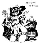  1girl 1other angelo&#039;s_world arthropod_girl bob_cut bow commentary cup cupcake english_commentary extra_eyes flat_chest flying_sweatdrops food food_on_face frisk_(undertale) greyscale hair_bow highres holding hot_dog inktober jumpsuit monochrome muffet pinching puffy_short_sleeves puffy_sleeves saucer shirt short_sleeves silk spider_girl spider_web striped striped_shirt surprised sweat teacup teapot two_side_up undertale 
