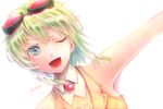  ;d armpits blue_eyes dutch_angle goggles goggles_on_head green_hair gumi millipen_(medium) one_eye_closed open_mouth outstretched_arms portrait short_hair signature simple_background smile solo tesun_(g_noh) traditional_media vocaloid watercolor_pencil_(medium) white_background 