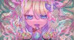  1girl :d @_@ blonde_hair blue_eyes blue_hair blush bow chouzetsusaikawa_tenshi-chan crying dot_nose drooling drugs glitch grapeichi hair_between_eyes hair_bow halo highres holographic_clothing iridescent lsd melting_halo multicolored_nails multiple_hair_bows needy_girl_overdose original pill pill_bottle pink_bow pink_hair pink_halo pixel_art purple_bow smile solo sweat teeth tongue tongue_out too_many twitter_username wings yellow_bow yellow_nails 