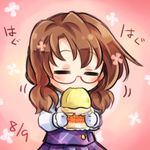  brown_hair closed_eyes eating glasses gloves long_sleeves low_twintails lowres no_hat no_headwear plaid pote_(ptkan) ribbon school_uniform short_hair skirt solo touhou twintails usami_sumireko 
