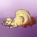  2016 abdominal_bulge ambiguous_gender belly big_belly blue_eyes brown_eyes brown_fur canine dialogue drooling duo duo_focus eevee english_text fox fur group mammal multi_tail ninetales nintendo pok&eacute;mon poke_ball purple_background red_fur saliva shikaro signature simple_background size_difference speech_bubble text video_games vore white_fur yellow_fur 