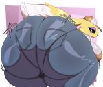 2023 absurd_res anthro bandai_namco big_butt biped bottomwear butt clothed clothing dammabems digimon digimon_(species) digital_media_(artwork) female hat headgear headwear hi_res huge_butt huge_thighs hyper hyper_butt hyper_hips hyper_thighs looking_back rear_view renamon simple_background solo thick_thighs topwear underwear_outline wide_hips