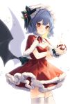  1girl bat_wings black_thighhighs black_wings christmas christmas_ornaments closed_mouth cowboy_shot dress hair_between_eyes hat highres mob_cap mokokiyo_(asaddr) purple_hair red_dress red_eyes remilia_scarlet santa_costume short_hair simple_background solo thighhighs touhou white_background white_headwear wings 