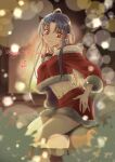  1girl ahoge alternate_costume blue_hair blurry bokeh breasts brown_eyes chidori_kaname christmas closed_mouth commentary crop_top crop_top_overhang cropped_hoodie depth_of_field full_body full_metal_panic! fur-trimmed_hood fur-trimmed_skirt fur-trimmed_sleeves fur_trim hand_on_own_hip highres hood hood_down hoodie jewelry kneeling long_hair looking_to_the_side medium_breasts merry_christmas miniskirt navel parted_bangs red_skirt red_socks ring shikidouji sidelocks signature skirt smile socks solo stomach wedding_ring 