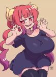  1girl black_shirt black_thighhighs blush breasts curled_horns deathzera dragon_girl dragon_horns gradient_hair highres horns huge_breasts ilulu_(maidragon) kobayashi-san_chi_no_maidragon long_hair looking_at_viewer multicolored_hair naughty_face open_mouth oppai_loli pink_hair pointy_ears red_eyes red_hair sharp_teeth shirt shortstack simple_background slit_pupils smile solo teeth thick_thighs thighhighs thighs twintails wide_hips yellow_horns zettai_ryouiki 