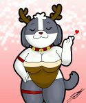 5:6 anthro bell big_breasts breasts canid canine canis clothing d13w0tt_(artist) dogs_in_space domestic_dog fake_antlers female finger_heart fur grey_body grey_fur grey_tail hi_res holiday_clothing holidays mammal multicolored_body multicolored_fur narrowed_eyes netflix nomi_(dogs_in_space) shih_tzu short_stack simple_background smile solo thick_thighs toy_dog two_tone_body two_tone_fur white_body white_fur