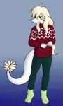 5_fingers anthro black_eyes blonde_hair bottomwear christmas christmas_clothing christmas_sweater christmas_topwear clothed clothing colored dinosaur dromaeosaurid feathered_dinosaur feathered_tail feathers female fingers footwear freckles fully_clothed hair half-closed_eyes hi_res holidays judee long_hair narrowed_eyes nervous_smile pants plantigrade red_clothing red_sweater red_topwear reptile scales scalie simple_background snoot_game snowflake_pattern socks solo speckled_body sweater tail tail_feathers theropod thick_tail topwear unknown_artist white_body white_scales wiggly_smile yellow_body yellow_feathers yellow_sclera