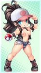  10s 1girl :3 :d antenna_hair bag bare_legs baseball_cap boots brown_hair chibi female full_body hair_ornament hat legs long_hair looking_at_viewer nintendo nipples no_bra poke_ball poke_ball_hat poke_ball_print pokemon pokemon_(game) pokemon_bw ponytail short_shorts touko_(pokemon) very_long_hair vest 