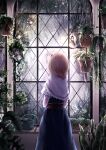  1girl alice_margatroid blonde_hair blue_dress capelet dress from_behind hairband highres light_bulb plant potted_plant reflection short_sleeves solo t_terano touhou watering_can white_capelet window 