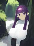  1girl black_coat blunt_bangs breasts closed_mouth coat day dress fern_(sousou_no_frieren) forest highres huge_breasts long_hair looking_at_viewer nature open_clothes open_coat outdoors purple_eyes purple_hair sidelocks snorkel14 solo sousou_no_frieren tree upper_body white_dress 