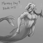 1:1 alternate_species blade_(nu:_carnival) dorsal_fin ear_fins fin glistening glistening_body glistening_skin hair hair_over_eye hi_res humanoid legless long_hair male marine merfolk mermaidification mermay monochrome navel nipples nu:_carnival nude one_eye_obstructed pecs solo split_form tail tail_fin underwater vic_draw_betah water