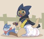ambiguous_gender anthro blush capcom claws cuddlehooves diaper digitigrade embarrassed feces felid felyne hi_res lynian mammal messy_diaper monster_hunter ninja ninja_suit object_in_mouth pacifier pacifier_in_mouth palico paws plushie sitting soiling solo warrior whiskers