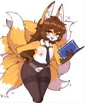 9_tails anthro arms_bent blush bodily_fluids book breasts brown_body brown_fur brown_hair canid canine clothed clothing collarbone cute_fangs eyebrow_through_hair eyebrows female fluffy fluffy_tail fox fox_spirit fur genitals glistening glistening_clothing glistening_hair glistening_legwear hair half-closed_eyes hands_on_waist hi_res holding_book holding_object inner_ear_fluff kemono legwear looking_at_viewer mammal motion_lines multi_tail multicolored_body multicolored_fur narrowed_eyes navel necktie nipples open_mouth open_smile panties pantyhose pubes pussy reccand shirt_collar simple_background small_breasts smile solo standing sweat tail tail_motion tailwag tongue topless topless_anthro topless_female torn_clothing torn_legwear torn_panties torn_pantyhose torn_underwear translucent translucent_hair tuft underwear white_background white_body white_clothing white_fur white_panties white_underwear yellow_body yellow_eyes yellow_fur