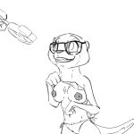 1:1 2023 4_fingers anthro breasts camel_toe clothed clothing digital_drawing_(artwork) digital_media_(artwork) eyewear female fingers food glasses grin holding_food holding_object mammal monochrome mustelid nipples otter pawpsicle popsicle sam_(zootopia+) simple_background smile solo solo_focus swimwear thermite topless topless_female undressing