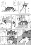 2016 ambiguous_gender black_face black_nose blep bodily_fluids canid canine canis carrying_another carrying_character comic dialogue domestic_dog duo fangs feral fur ginga_(series) grass greyscale hi_res japanese_text kagetora_(ginga) lying lying_on_another mammal manga monochrome mouth_scar open_mouth plant simple_background striped_body striped_fur stripes tail tears teeth temitess text tongue tongue_out translation_request tree white_background