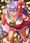  1girl animal_ears bare_shoulders bell blue_hair blurry blurry_background bokeh boots bow breasts christmas cleavage dark-skinned_female dark_skin depth_of_field dress ear_covers eve_on_k fang fur-trimmed_dress fur-trimmed_footwear fur-trimmed_gloves fur-trimmed_headwear fur_trim gloves green_bow hair_bell hair_between_eyes hair_bow hair_ornament hand_on_own_hip hat highres hishi_amazon_(umamusume) holding holding_sack horse_ears horse_girl horseshoe_ornament jingle_bell large_breasts leaning_forward long_hair looking_at_viewer mini_hat mini_santa_hat open_mouth red_bow red_eyes red_footwear red_gloves red_headwear sack santa_dress santa_hat single_ear_cover smile solo thighs umamusume very_long_hair 