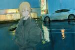  1girl blonde_hair car hair_between_eyes hgwr753 highres hood hood_down hoodie long_hair looking_at_viewer motor_vehicle original outdoors parking_lot solo 