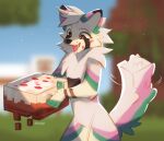 &lt;3 &lt;3_eyes 2023 absurd_res anthro artist_name black_nose blurred_background blush cake canid canine cheek_tuft chest_tuft dessert digital_media_(artwork) facial_tuft featureless_crotch food fur green_body green_fur hi_res holding_cake holding_food holding_object hyilpi light lighting mammal microsoft minecraft mojang nude open_mouth open_smile pink_body pink_fur smile solo standing tuft white_body white_fur xbox_game_studios