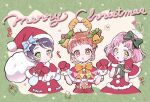  3girls :d :o aikatsu! aikatsu!_(series) antlers arisugawa_otome bell belt black_hair blue_bow bow box capelet christmas christmas_stocking christmas_tree commentary dot_nose double_bun dress fake_antlers fur-trimmed_capelet fur-trimmed_collar fur-trimmed_gloves fur_trim gift gift_bag gift_box gloves green_background green_bow green_eyes hair_bell hair_bow hair_bun hair_ornament hand_on_own_cheek hand_on_own_face hands_up hashtag_only_commentary hat heart highres holding kamiya_shion kitaoji_sakura long_sleeves looking_at_viewer medium_hair merry_christmas mistletoe mittens multiple_girls open_mouth orange_hair pants pink_hair pom_pom_(clothes) red_capelet red_dress red_mittens red_pants roi santa_hat short_hair sidelocks signature simple_background smile snowman_earrings star_(symbol) symbol-only_commentary upper_body yellow_bow 